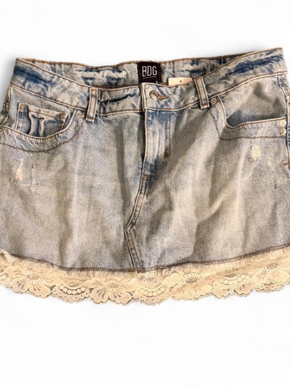 Urban Outfitters Denim Mini Skirt with Cream Lace Trim